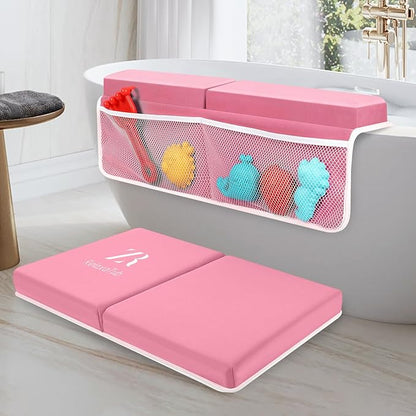 Bath Kneeler and Elbow Rest Pad Set - 2 inch Comfortable Thick Baby Bath Kneeler Pads, with Toy Organizer Pockets - Quick Drying, Foldable, Non-Slip for Baby and Toddler Bathing (Pink)