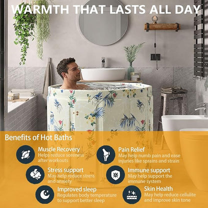 Portable Bath Tub for Adult, Foldable Soaking Bathtub for Hot SPA&Ice Bath, Foldable Small Bathtub Collapsible Tub for Bathing, Quick Setup No Installation (Noble Flower,25.9X27.5 IN)