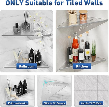 lives 2 Pack Shower Corner Shelves, 304 Stainless Steel Corner Shower Shelf for Tiled Wall, 10" Slot Design Bathroom Shelf Organizer (Silver, Cross)
