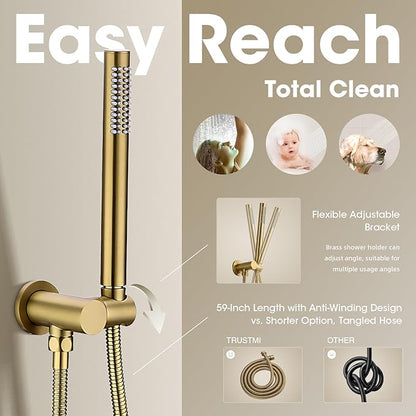 TRUSTMI 12-Inch Brushed Gold Shower System, Brass Wall Mounted Rainfall Shower Set (Contain Concealed Pressure Balance Rough-in Valve Body and Trim)