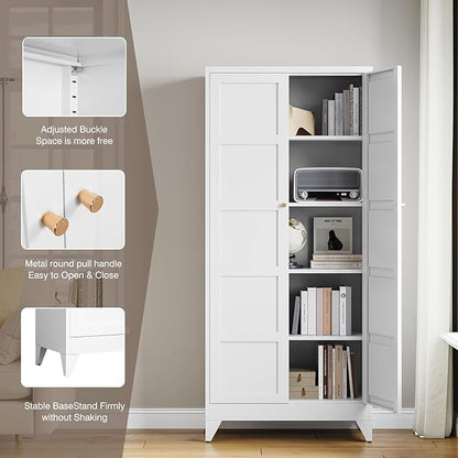 Yizosh Metal Storage Cabinet with 2 Doors and 4 Adjustable Shelves,- 71" White Kitchen Pantry Storage Cabinet for Kitchen,Dining Room,Living Room