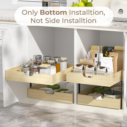 COOLBEBE 2 Tier Pull Out Drawers for Cabinets，17"W x 21"D Double Tier Slide Out Wood Drawer Shelf Organizer, Soft Close Cabinet Pull Out Shelves in Kitchen, Pantry