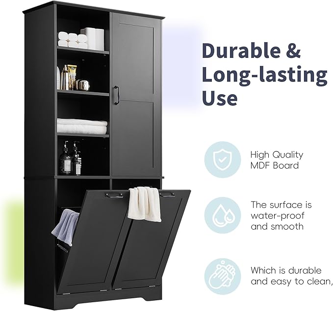 Favfurish 68" Tall Bathroom Storage Cabinet with Door and 2 Tilt-Out Laundry Hampers,Modern Linen Cabinets w/Open Shelf & Adjustable Shelves,Freestanding Organizer for Laundry Room,Kitchen,Black