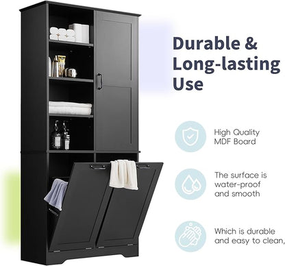 Favfurish 68" Tall Bathroom Storage Cabinet with Door and 2 Tilt-Out Laundry Hampers,Modern Linen Cabinets w/Open Shelf & Adjustable Shelves,Freestanding Organizer for Laundry Room,Kitchen,Black