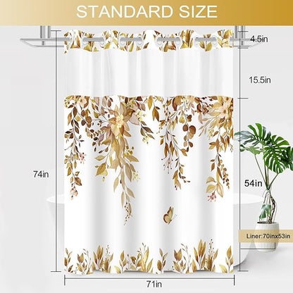 No Hook Shower Curtain and Liner Set, Yellow Eucalyptus Floral Shower Curtains for Bathroom, Bath Curtain Sets with Snap in Liner, Waterproof with See Through Top Window, 71x74 Inches