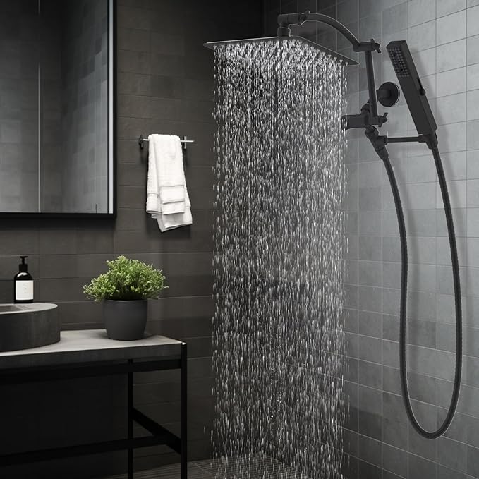 Hibbent All Metal CUPC Certified 10'' Rainfall Shower Head, Dual Shower Head Combo, High Pressure Handheld 4 Sprays Shower Wand, 16'' Adjustable Extension Arm, 71'' Hose, Shower Holder, Matte Black