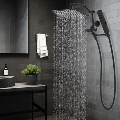 Hibbent All Metal CUPC Certified 10'' Rainfall Shower Head, Dual Shower Head Combo, High Pressure Handheld 4 Sprays Shower Wand, 16'' Adjustable Extension Arm, 71'' Hose, Shower Holder, Matte Black