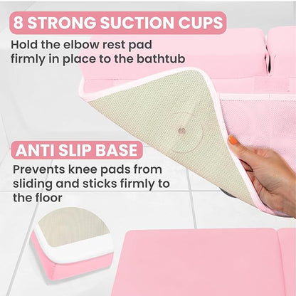 Baby Bath Kneeler and Elbow Rest Pad Set, Non-Slip Painless Thick Kneeling Pad - Foam Kneeling Pad for Bathing Babies - Knee Saver & Arm Support with 4 Pockets Toy Organizer (Large, Baby Pink)