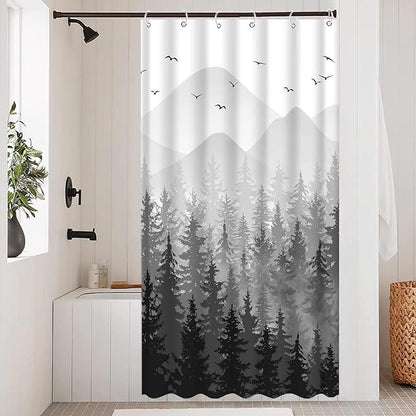 Aipon Black Misty Forest Shower Curtain Gray Ombre Nature Tree Plants Shower Curtains Fabric Waterproof Mountain Shower Curtain Sets for Bathroom Bath Decor (Black, 36'' × 72'')