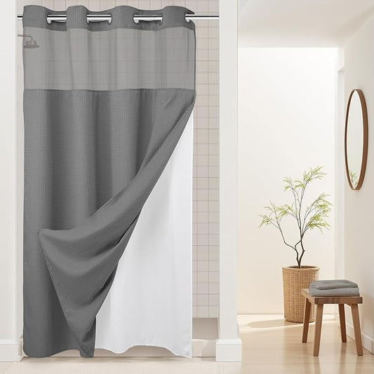 River Dream Heavyweight No Hooks Required Dotted Waffle Weave Shower Curtain with Snap in Liner -Stall 54W x 80H,Hotel Grade,Spa Like Bath Curtain,Gray