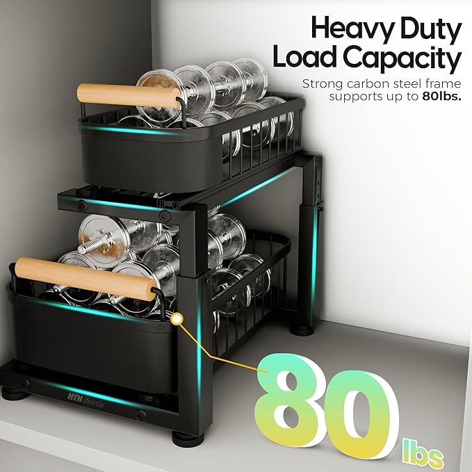 Premium Heavy Duty Carbon Steel Under Sink Organizer, 2 Tier Pull Out Cabinet Organizer, 7 Adjustable Heights with Smooth Ball Bearing Sliding Baskets for Bathroom & Kitchen