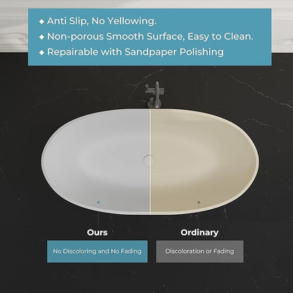 55" Premium Solid Surface Freestanding Bathtub, Upgraded Oval Stone Resin Tub with Overflow and Pop-up Drain, Matte White