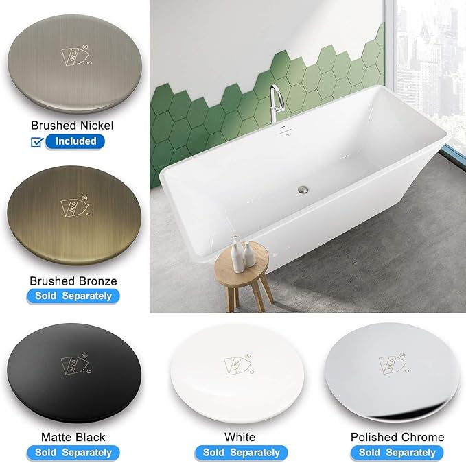 FerdY Sentosa 67" Acrylic Freestanding Bathtub, Contemporary Design Soaking Tub Easy to Install with Brushed Nickel Drain and Minimalist Linear Design Overflow, 02560