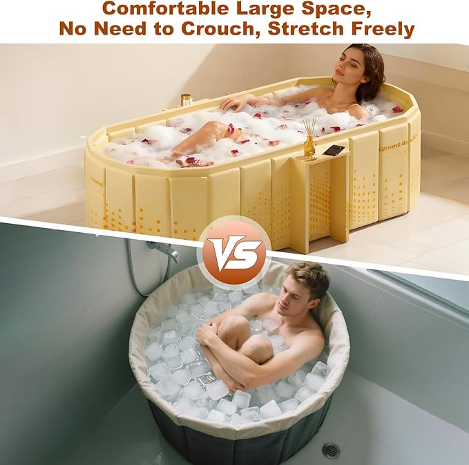 Portable Bathtub for Adult 59" Large Collapsible Cold Plunge Bathtub Foldable No Installation Ice Bath Tub for Shower Stall, Bathroom Hot SPA Soaking Standing Tub