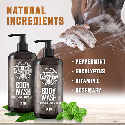 Viking Revolution Men's Body Wash - Eucalyptus Peppermint Body Wash for Men - Mens Natural Body Wash with Vitamin E and Rosemary Oil - Mens Shower Gel Liquid Soap - Peppermint Mens Bodywash (2 Pack)