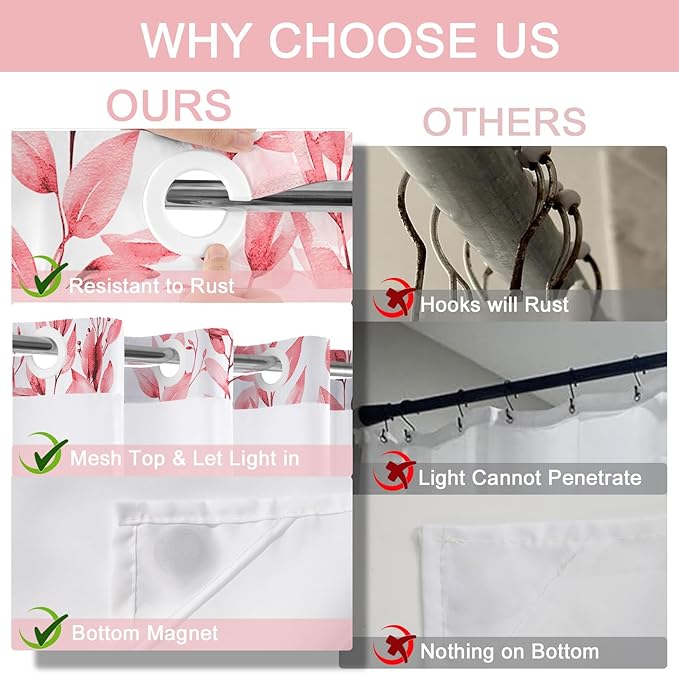 No Hook Shower Curtain and Liner Set, Pink Eucalyptus Floral Shower Curtains for Bathroom, Bath Curtain Sets with Snap in Liner, Waterproof with See Through Top Window, 71x84 Inches