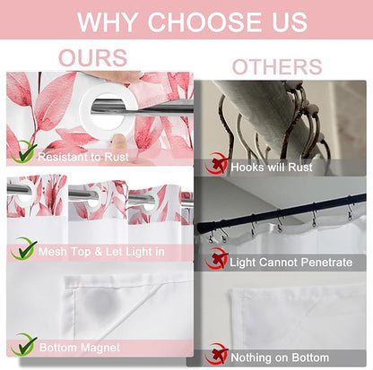 No Hook Shower Curtain and Liner Set, Pink Eucalyptus Floral Shower Curtains for Bathroom, Bath Curtain Sets with Snap in Liner, Waterproof with See Through Top Window, 71x84 Inches