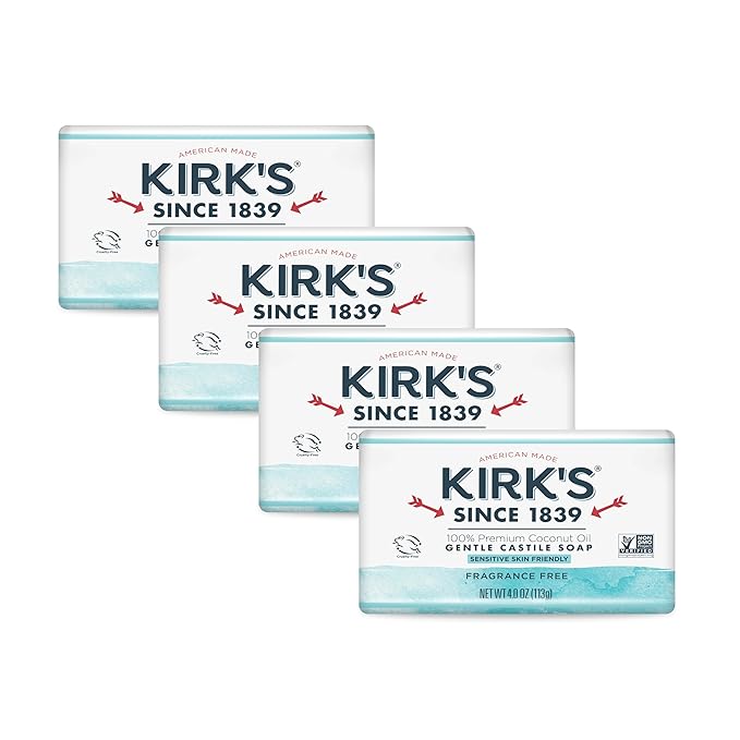 Castile Bar Soap by Kirkâ€™s | Clean Soap for Men, Women & Children | Premium Coconut Oil | Sensitive Skin Formula, Vegan | Fragrance-Free/Unscented | 4 oz. Bars - 4 Pack