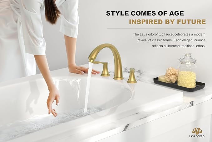 Lava Odoro Brushed Gold Roman Tub Faucet, 2 Handle Bathtub Faucet with Valve, High Flow 8 inch Widespread Deck Mount Tub Faucet, Solid Brass 3 Hole Bath Tub Filler TF405-SG