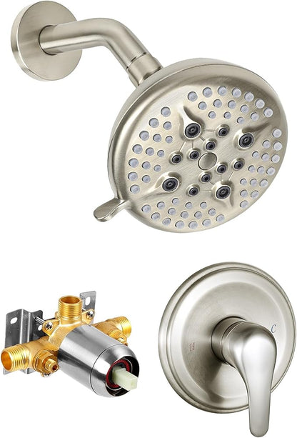 KINSE Shower Faucet Set, 5 Spray Rain Shower Fixtures, 5inchShower Head and HandleSet, Brushed Nickel shower kit with valve and shower head