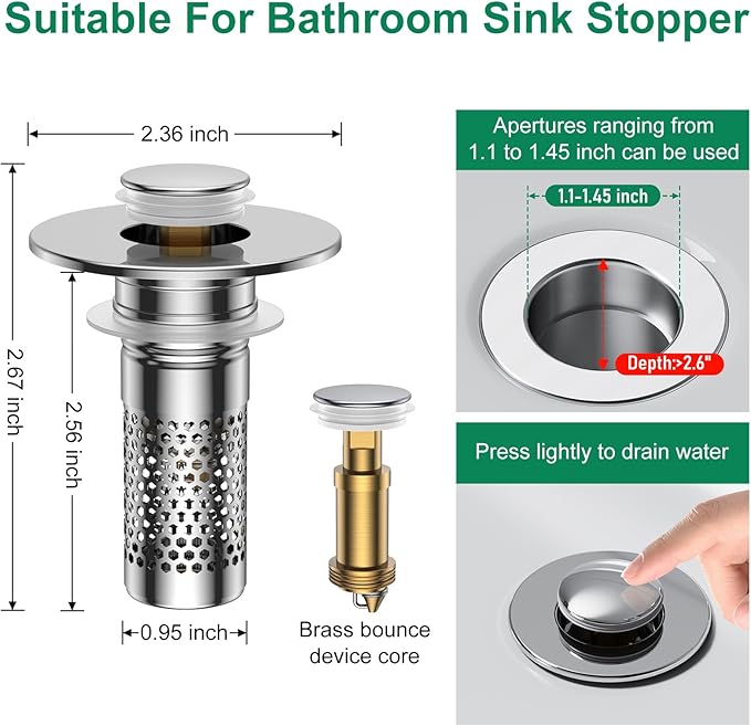 Bathroom Sink Drain Strainer,Universal Pop-Up Sink Stopper Hair Catcher, Stainless Steel Anti-Clog Drain Filter Basket, Removable Sink Drain for Bathroom Sink Stopper Replacement (Silver-4pcs)