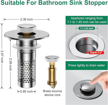 Bathroom Sink Drain Strainer,Universal Pop-Up Sink Stopper Hair Catcher, Stainless Steel Anti-Clog Drain Filter Basket, Removable Sink Drain for Bathroom Sink Stopper Replacement (Silver-4pcs)