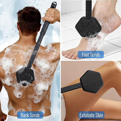 Silicone Back Scrubber for Shower – 21in Extendable Shower Brush with Long Handle – Dual-Sided Back Brush with Non-Slip Grip, Gentle Cleansing & Exfoliation for Men, Women, Elderly (Black)