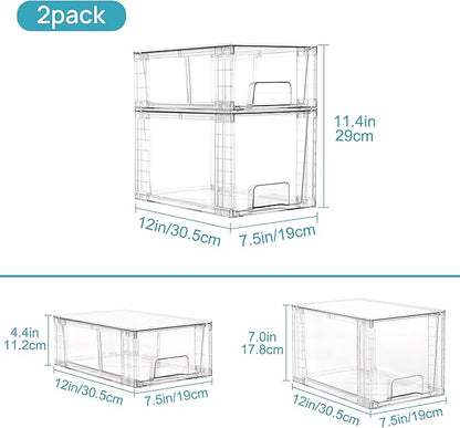 Vtopmart 4 Pack Clear Stackable Storage Drawers,Easy to Assemble Bathroom Organizers and Storage with handles,Plastic Drawers for Kitchen Pantry,Cabinet,Under Sink Organization