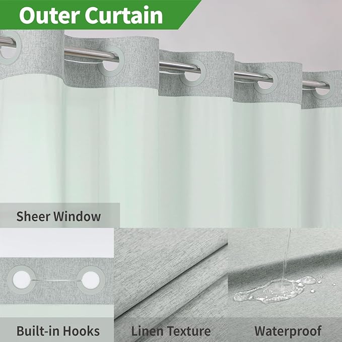 No Hooks Needed Linen Textured Shower Curtain with Snap-in Fabric Liner Set,Hotel Luxury Decor Shower Curtains for Bathroom with Mesh Top Window,Waterproof & Washable,71Wx74H,Sage Green