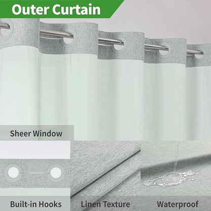 No Hooks Needed Linen Textured Shower Curtain with Snap-in Fabric Liner Set,Hotel Luxury Decor Shower Curtains for Bathroom with Mesh Top Window,Waterproof & Washable,71Wx74H,Sage Green