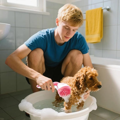 Pet Bathing Brush – Gentle Dog And Cat Scrubber With Integrated Soap Dispenser, Massage Cleansing Tool | Perfect For Puppies Kittens Cats, Home Use, Travel, Pool And Beach Bathing, Grooming Sessions