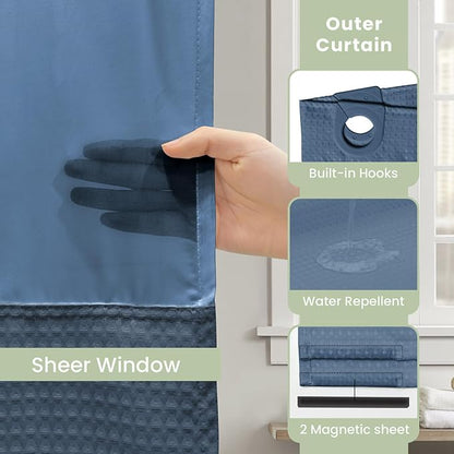 Inhousolu Long No Hook Shower Curtain with Snap in Fabric Liner Set Waffle Weave 230GSM Weighted Hem, Waterproof & Washable Bathroom Curtain Spa Luxury with Mesh Top Window 72"W x 78"L Moonlight Blue