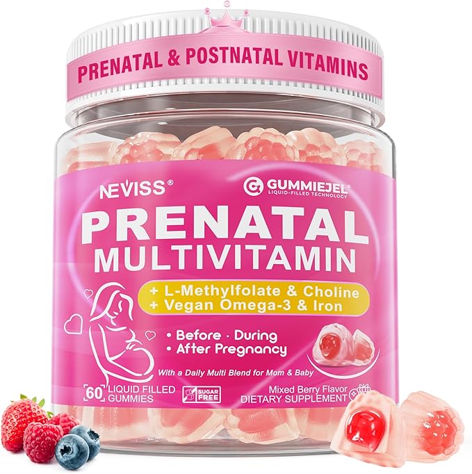 Prenatal Vitamins for Women Multivitamin Gummies w/ Methylfolate 1mg, Choline Omega-3(DHA+EPA) Iron, Postnatal Vitamins for Women Breastfeeding | Before,During & After Pregnancy,Sugar Free,Vegan,60Cts