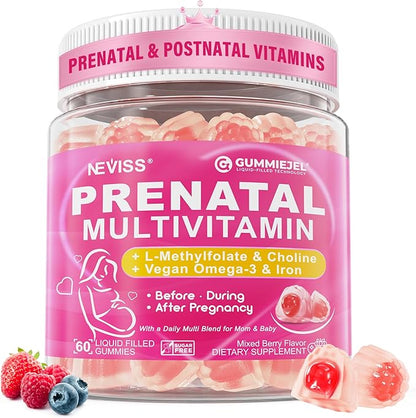 Prenatal Vitamins for Women Multivitamin Gummies w/ Methylfolate 1mg, Choline Omega-3(DHA+EPA) Iron, Postnatal Vitamins for Women Breastfeeding | Before,During & After Pregnancy,Sugar Free,Vegan,60Cts