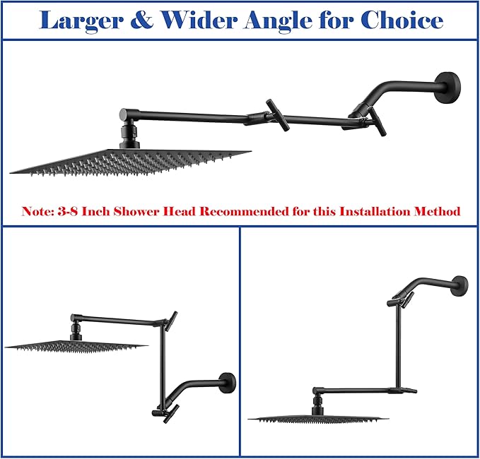 Matte Black Shower Head Extension - 13'' Adjustable Arm for Rain & Handheld, Locking Nuts, Universal Connector