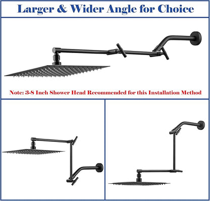 Matte Black Shower Head Extension - 13'' Adjustable Arm for Rain & Handheld, Locking Nuts, Universal Connector