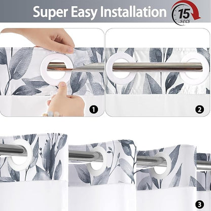 No Hook Shower Curtain and Liner Set, Blue Grey Eucalyptus Floral Shower Curtains for Bathroom, Bath Curtain Sets with Snap in Liner, Waterproof with See Through Top Window, 71x77 Inches
