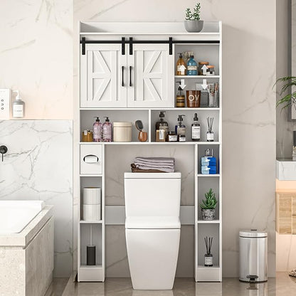Farmhouse Storage Cabinet Over Toilet with Sliding Doors，Over The Toilet Storage Cabinet, Home Space-Saving Toilet Rack, for Bathroom, Restroom, Laundry.