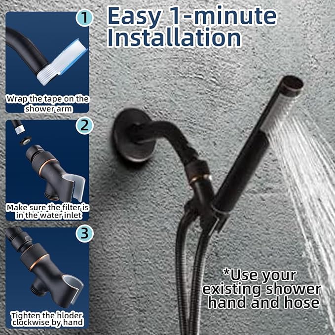 Shower Head Holder All Metal Adjustable Handheld Shower Arm Mount, 1/2" Shower Hose Holder Fits Most Hand Showerheads, Brass Hand Held Shower Head Holder , Easy to Install (Oil Rubbed Bronze)