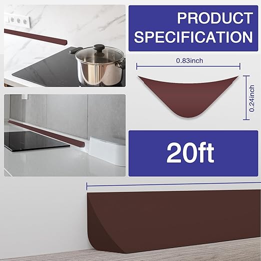 Flexible Molding Trim, Flexible Bendable Adhesive Caulking Strip, Molded Trim, Peel and Stick Home Decorative Edge for Bathroom, Kitchen, Floor, Wall (Dark Brown, 0.83in x 0.24in x 20ft)