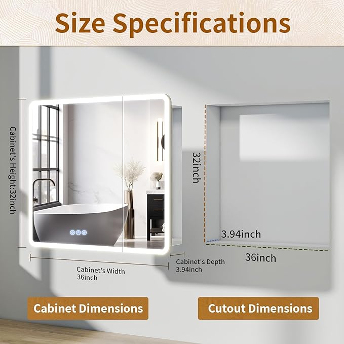 BEAUTYPEAK 36 x 32 LED Bathroom Medicine Cabinet Mirror, Adjustable Shelves, Silver Aluminum Cabinet, Anti-Fog Stepless Dimmable 3 Colors White/Natural/Warm, Easy to Install(Wall Mount/Recessed)