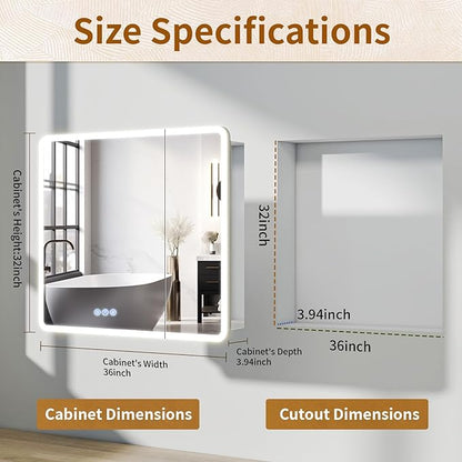 BEAUTYPEAK 36 x 32 LED Bathroom Medicine Cabinet Mirror, Adjustable Shelves, Silver Aluminum Cabinet, Anti-Fog Stepless Dimmable 3 Colors White/Natural/Warm, Easy to Install(Wall Mount/Recessed)
