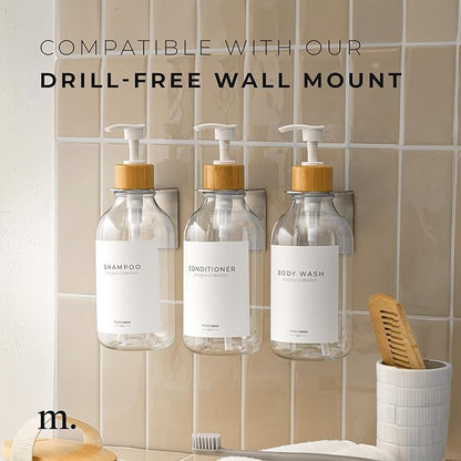 MaisoNovo Refillable Shampoo and Conditioner Bottles | 16.9 fl oz Set of 3 Clear Plastic Bottles White Bamboo Pumps