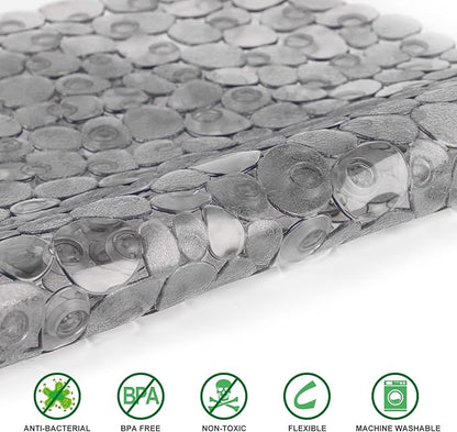 WELTRXE Pebbles Bathtub Mat Non Slip Oval Shower Mat with Suction Cups, Drain Holes, 27 x 14 Inch Plastic Bathroom Tub Mats Machine Washable, BPA, Latex Free Safety Mat for Bath Tub, Clear Gray