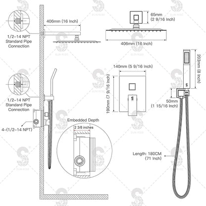 SR SUN RISE Polished Chrome Square Rainfall Shower Head and Handle Set, Wall Mounted Shower Fixtures, Metal Shower Faucet Trim Repair Kits (With Shower Valve) 16 Inches