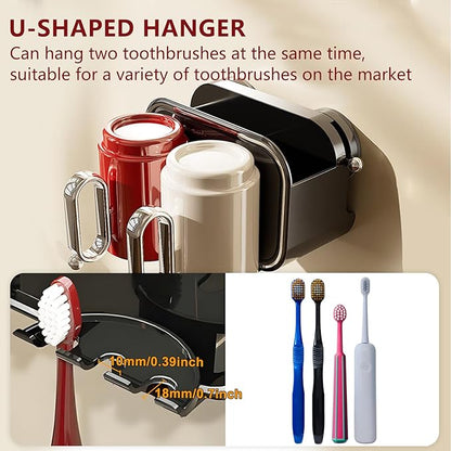 Wall Mounted Suction Toothbrush Holder with 2 Cups, Large Capacity Bathroom Organizer, Storage for Toothpaste, Face Wash-No Drill Adhesive for Wall