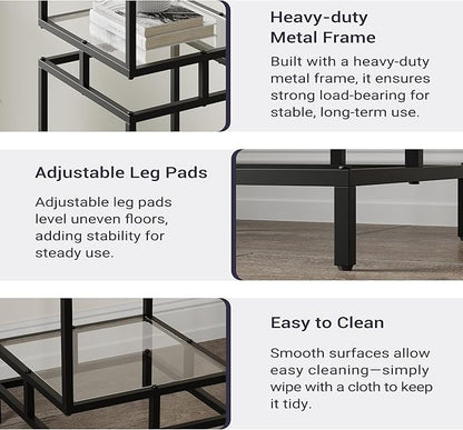 4 Cube Glass Shelf, 4-Tier Bookshelf, Display Shelf Rack, Metal Storage Rack with Tempered Glass, Modern Style for Living Room, Bathroom, Kitchen, Black