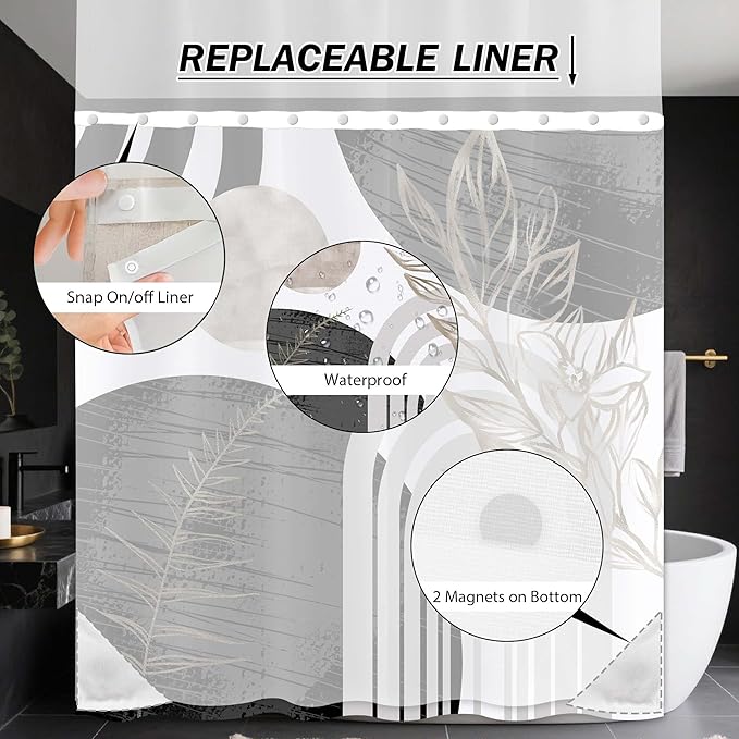 Black and White Boho See Through Mesh Top Shower Curtain with Window, Grey Mid Century Modern Mens Double Layer Shower Curtains with Snap in Liner, Waterproof Fabric with Hooks, 71x72 in