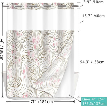 No Hook Shower Curtain Set with Snap in Fabric Liner for Bathroom,with See Through Top Window,Double Shower Curtain with Detachable Liner Replacement,Machine Washable,Pink Floral,71"x 74"