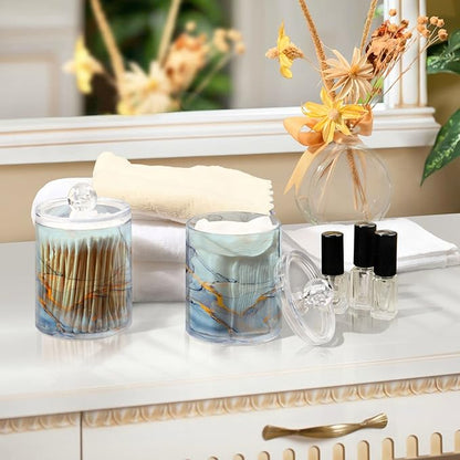 MNSRUU 4 Pack Qtip Holder Organizer Dispenser Teal Blue Marble Bathroom Containers Bathroom Vanity Storage Canister Apothecary Jars for Cotton Swabs/Pads/Floss